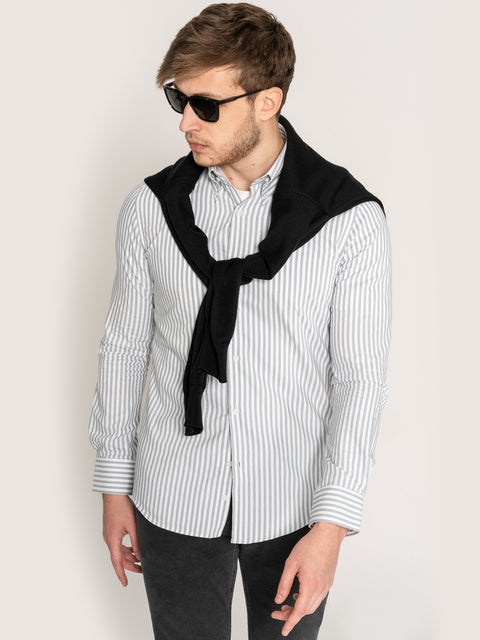 Camasa Office Barbati Alba Dungi Gri Pal Twill 100% Bumbac Natural BMan876 (1)
