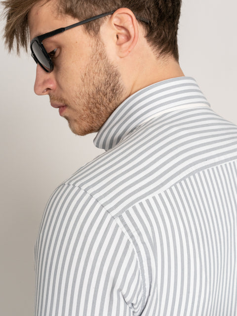 Camasa Office Barbati Alba Dungi Gri Pal Twill 100% Bumbac Natural BMan876 (6)