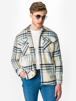 Camasa Casual Barbati Tip Jacheta Crem In Carouri Bleumarin BMan879
