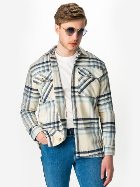 Camasa Casual Barbati Tip Jacheta Crem In Carouri Bleumarin BMan879 (1)