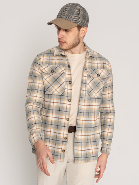 Camasa Casual Barbati Tip Jacheta Overshirt Crem Carouri Maro Toamna Iarna BMan879 (5)