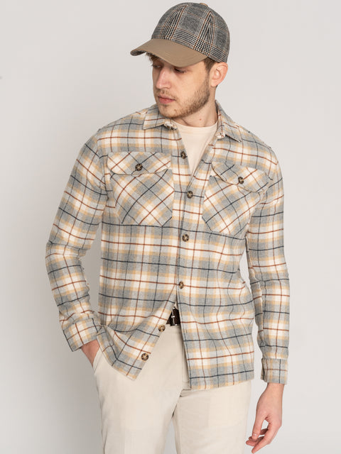 Camasa Casual Barbati Tip Jacheta Overshirt Crem Carouri Maro Toamna Iarna BMan879 (1)