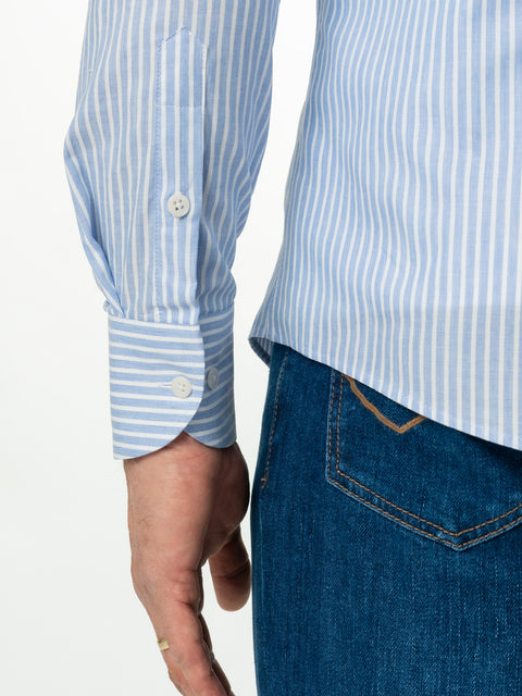 Camasa Casual Barbati Alba Dungi Albastre 100% Bumbac Natural BMan883 (5)