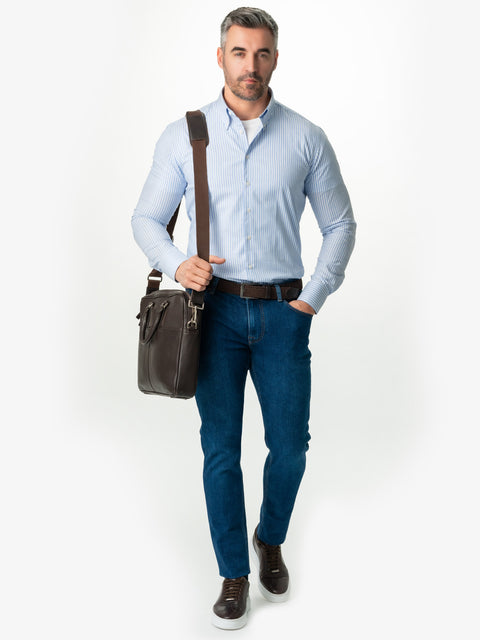 Camasa Casual Barbati Alba Dungi Albastre 100% Bumbac Natural BMan883 (4)