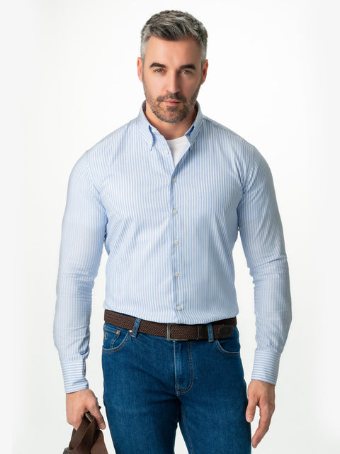 Camasa Casual Barbati Alba Dungi Albastre 100% Bumbac Natural BMan883 (1)