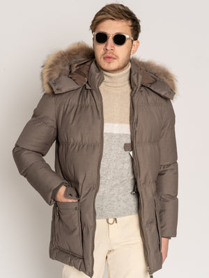 Geaca Premium Barbati Bej Cappuccino Cu Puf Si Blana Naturala Prato BMan0216