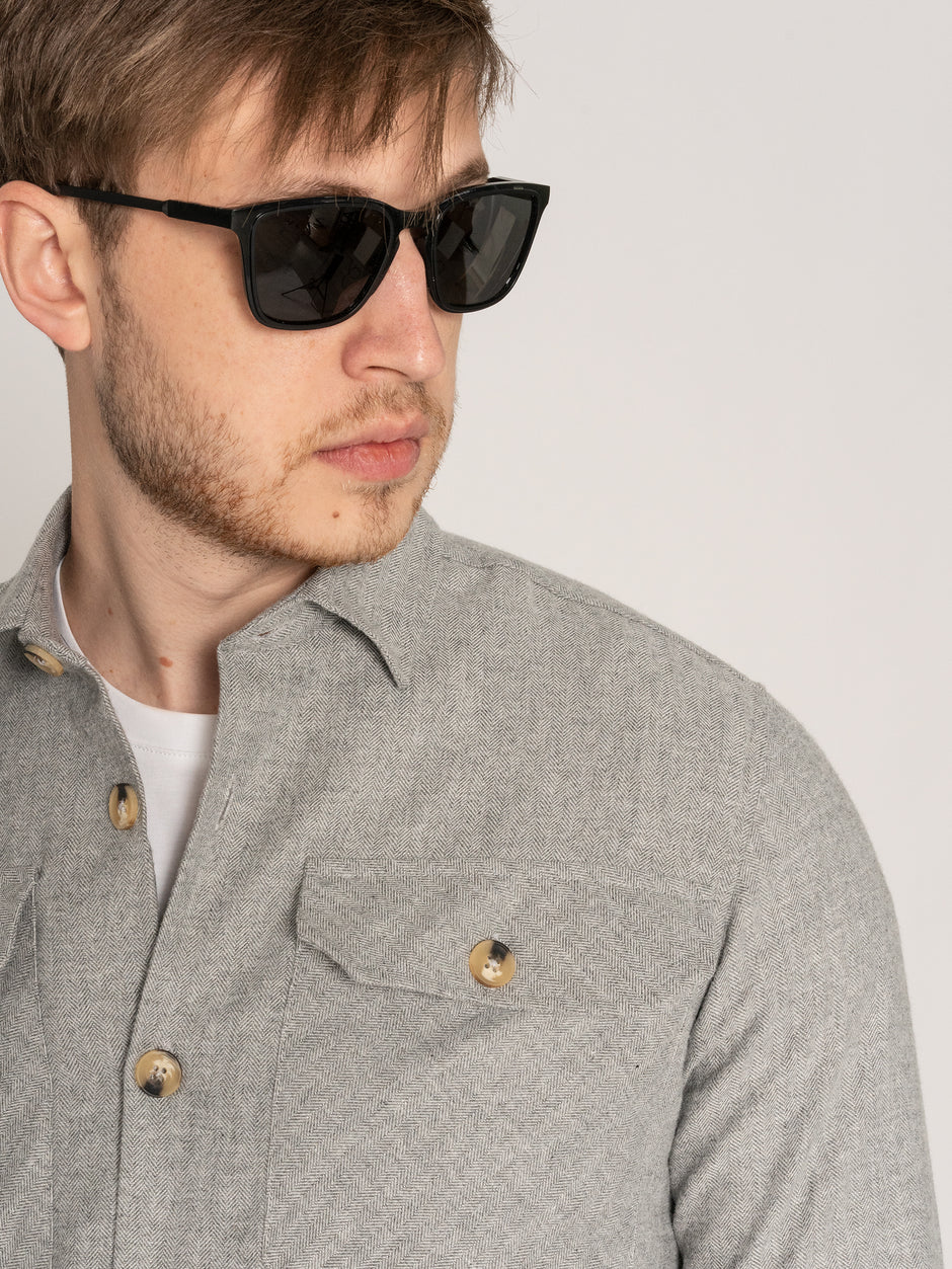 Camasa Casual Barbati Tip Jacheta Overshirt Gri Stone Herringbone Flanel Toamna Iarna BMan880 (5)