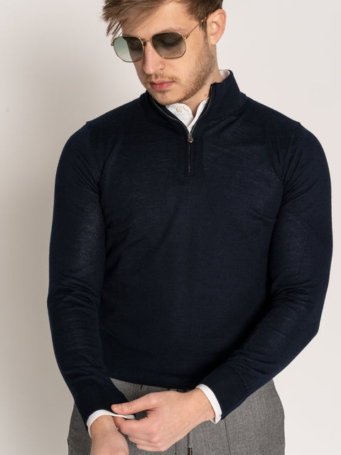 Pulover Bleumarin Barbati Din Cașmir Cu Fermoar BMan618 (1)